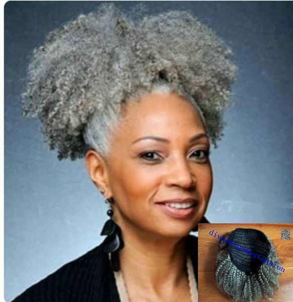 

100g 120g 140g women gray hair extension silver grey afro puff kinky curly drawstring human hair ponytails clip in real grey hair ponytail, Black