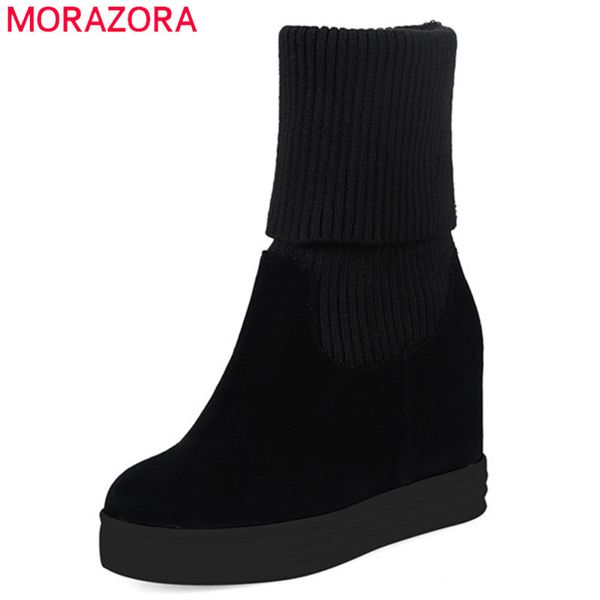 

morazora 2020 new arrival mid calf boots women flock round toe stretch boots autumn winter wedges platform shoes female, Black