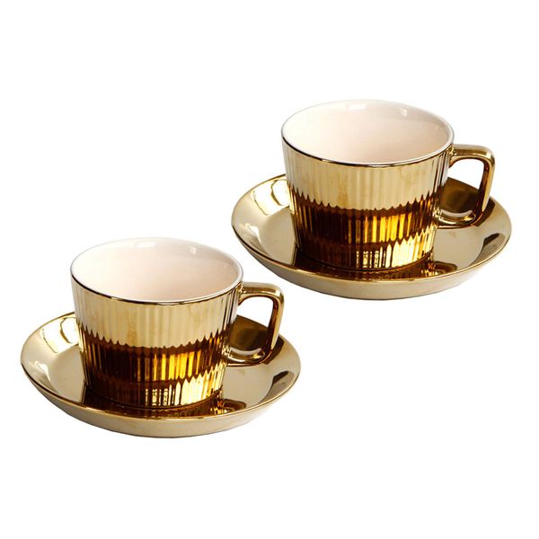 

2pcs 250ml golden porcelain tea coffee cup & saucer set home office luxury w