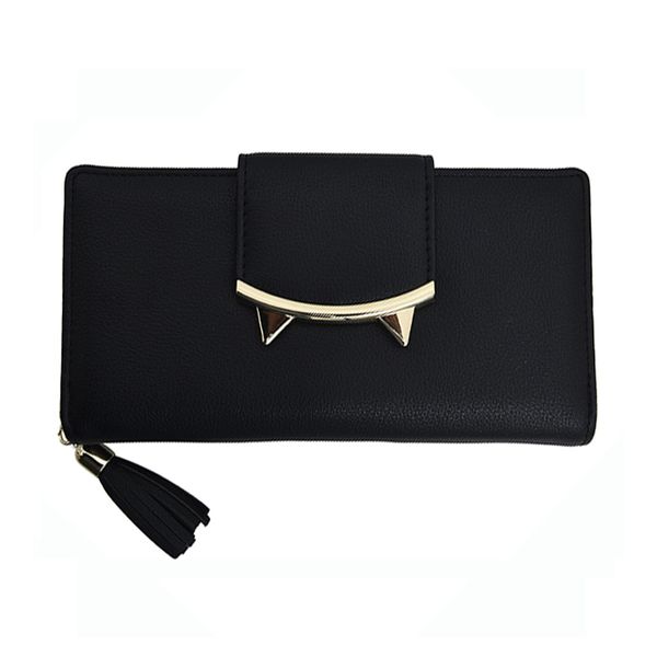 

2019 solid color metal decorative ladies wallet ladies short leather wallet zipper wallets female wallets clutch handbag, Red;black