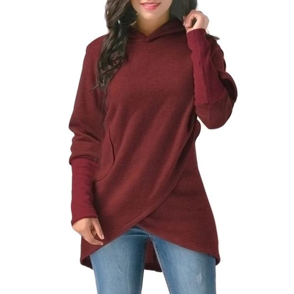 Fashion-Feitong Damen Sweatshirts Solide Kausal Langarm Mit Kapuze Asymmetrischer Saum Wrap Hoodie Sweatshirt Pollover Tops Sudaderas Mujer