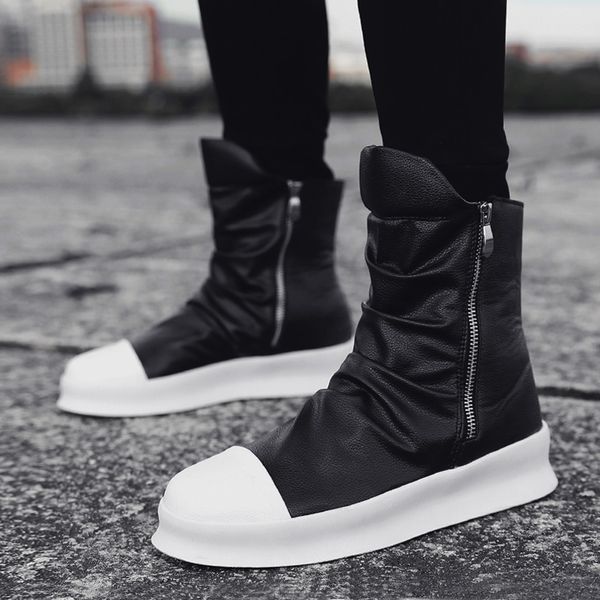 

vogue men korean black high ankle boots side zip casual shoes flat h07