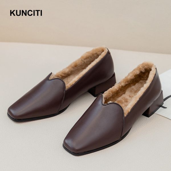 

kunciti women winter fur shoes square toe genuine leather italian shoes low heel ladies pumps grandma hot, Black