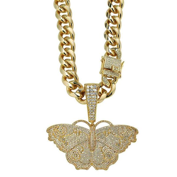 Moda- Farfalla collane con ciondolo di diamanti colorati per uomo ciondoli di insetti di lusso collana a catena cubana con zirconi in rame placcato oro 18 carati
