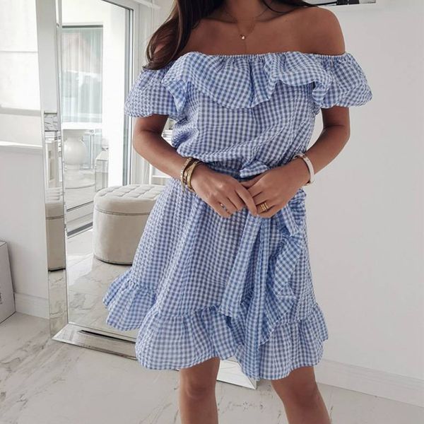 

belted ruffles dress irregular off shoulder women's dress summer printed plaid with ruffled, Black;gray
