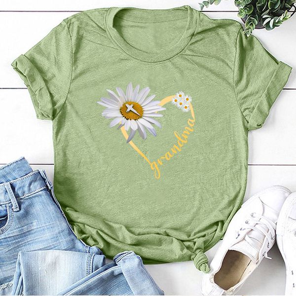 

daisy heart grandma printing t-shirts women summer tshirt woman vogue crew neck shirts for women loose harajuku camisetas, White