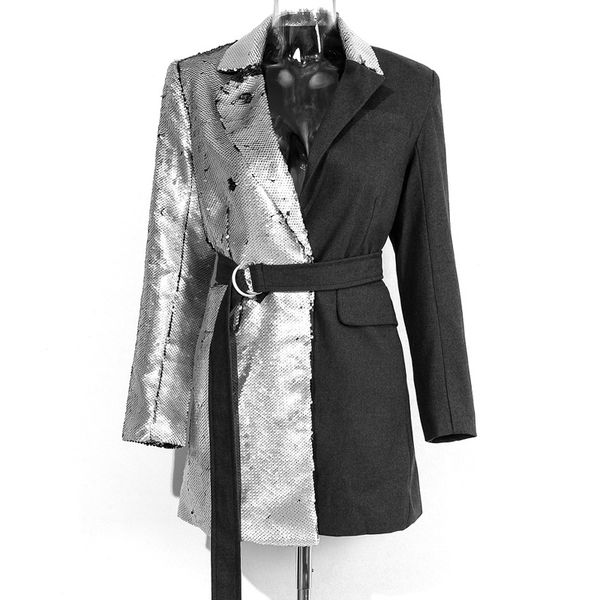 

женщины длинные блесток блейзер платье осень зима тяжелый вес высокой талией подпоясанный blazer пальто высокая улица, White;black