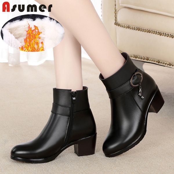 

asumer big size fashion genuine leather ankle boots for women round toe zip winter boots high heels keep warm wool snow, Black