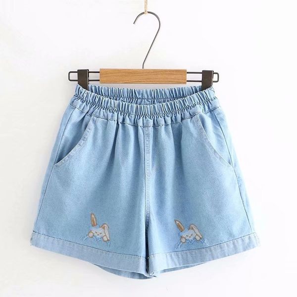 

summer harajuku new casual loose cartoon embroidery simple slim wild elastic waist cowboy shorts woman, White;black