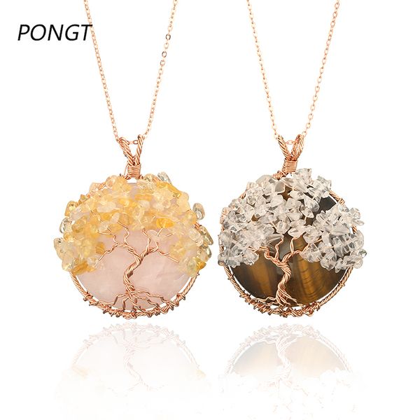 

reiki 7 chakra natural stone tree of life pendant necklace hand made rose gold color wire wrap healing quartz crystal pendants, Silver