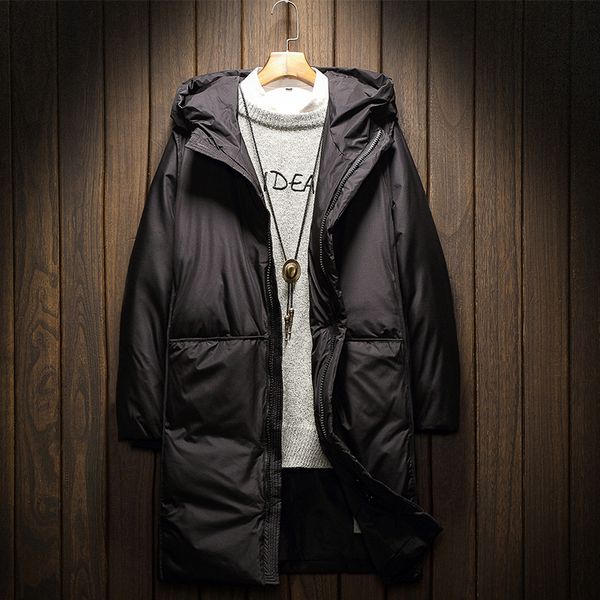 

2019 winter new down jacket men 70% white duck down men x-long section casual thickening warm youth men's hooded coat, Black