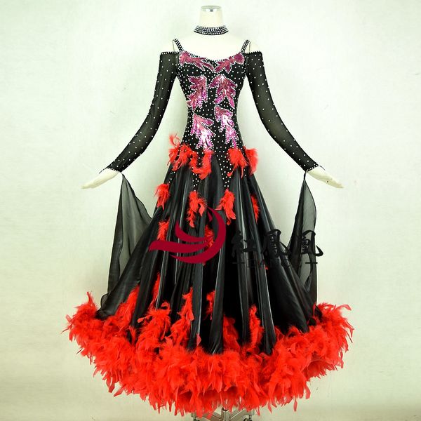 

standard ballroom dress women new of 2018 custom made black high-necked long sleeved waltz ballroom dance competition dresses, Black;red