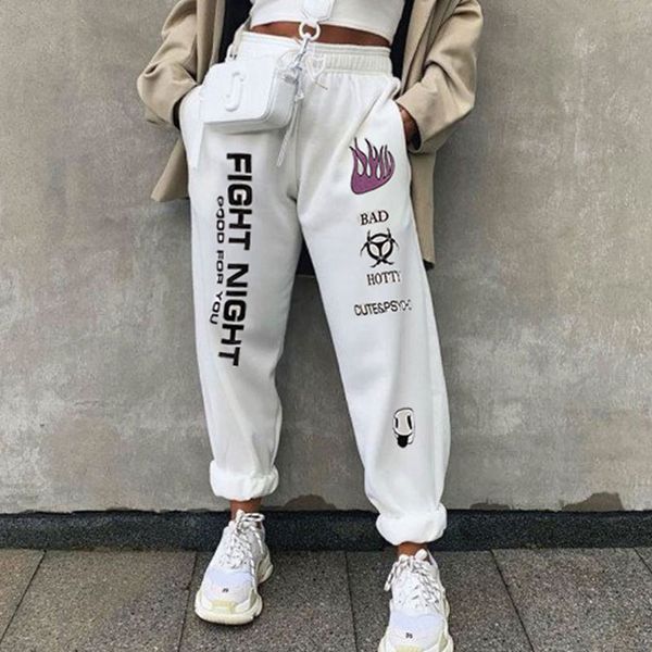 

white casual printed baggy pants women hip hop high waisted knitted trousers fashion streetwear workout women joggers sweatpants, Black;white