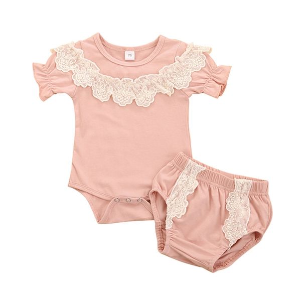 

2pcs newborn toddler baby girls lace romper shorts outfits set baby clothes summer suits 0-24m, White