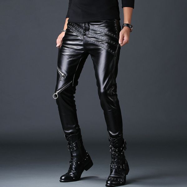 Hot Classic Men/'s Slim Fit Skinny PU Leather Motorcycle Pencil Pants Trousers #