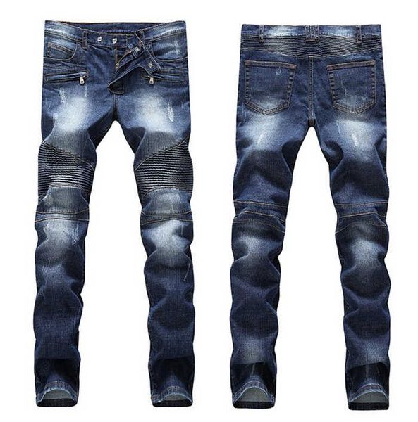 

men's distressed ripped skinny jeans fashion designer mens jeans slim motorcycle moto biker causal mens denim pants hip hop men jeans, Blue