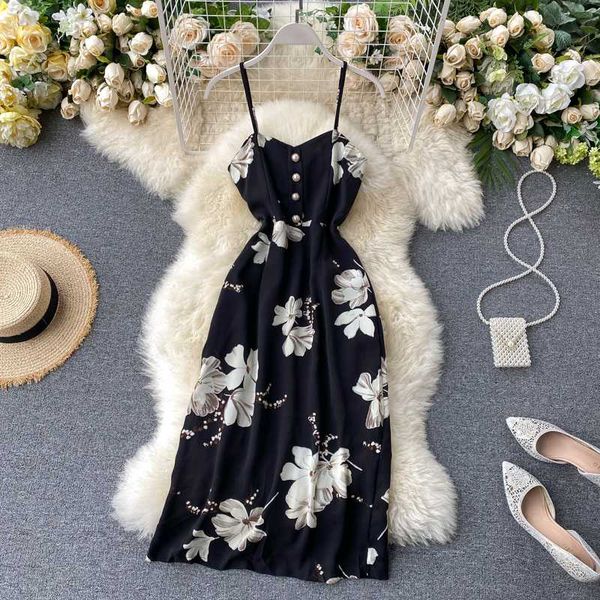 

bohemian summer holiday beach dress women v-neck drawstring vestidos floral print black single breasted dress for female, Black;gray