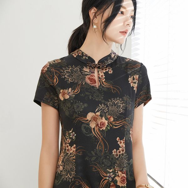 

casual dresses [ product] jinju spring and summer style button buckle flower wild printing temperament self-cultivation silk dress, Black;gray