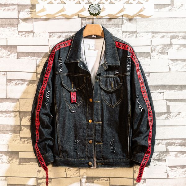

nice denim jacket men patchwork gold ribbon cowboy punk rock men jacket high street fashion outwear coat nice autumn, Black;brown