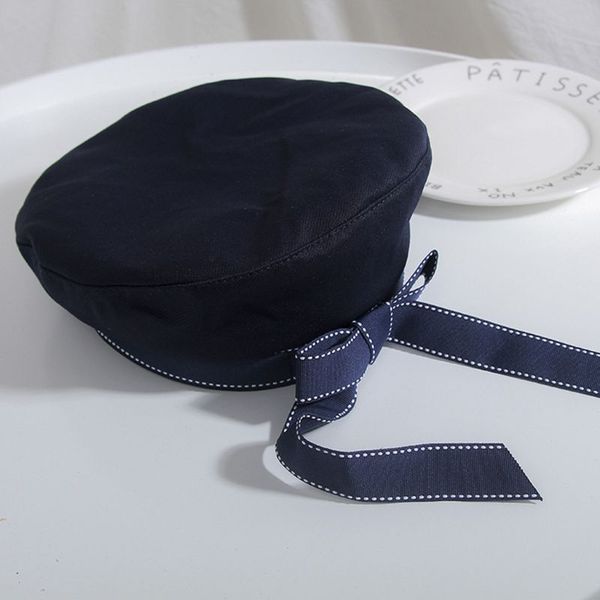 

french style women girls flat beret cap with ribbon bowknot letters embroidery elegant artist painter student military navy hat, Blue;gray