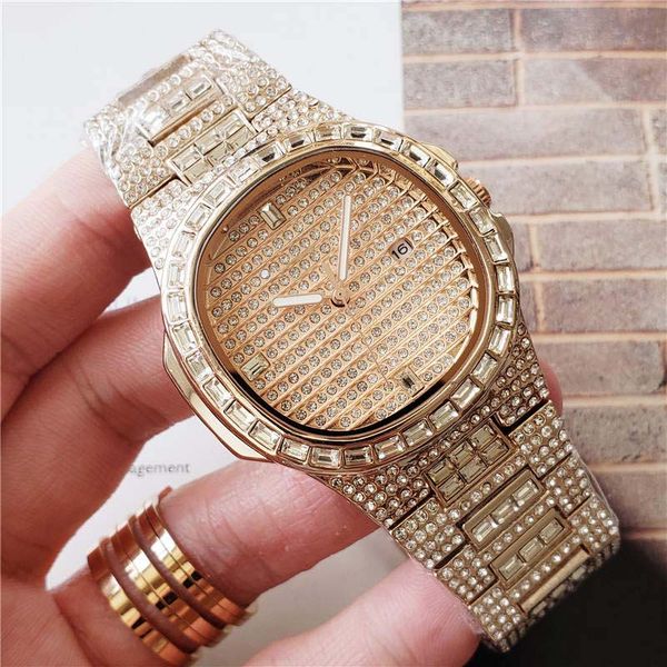 

fashion mens women luxury watch full diamond iced out watches designer quartz movement bling gift party wristwatch brand style, Slivery;brown