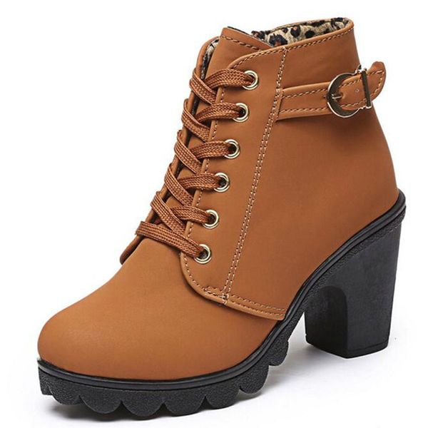

size 41 2018 new autumn winter women boots solid lace-up european ladies shoes pu fashion high heels boots d097, Black