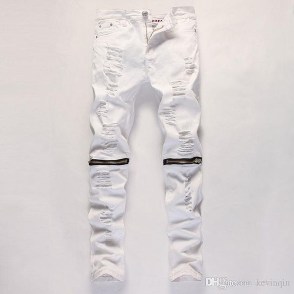 

2016 outdoor white man hole cut slacks knee zipper foot stretch straight pants nightclub ripped jeans white pants, Blue