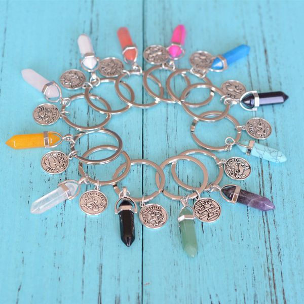 

12 zodiac sign constellations crystal pendulums key rings keychain natural stone hexagonal prism fashion key chain jewelry keyring for women, Slivery;golden