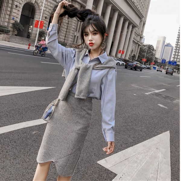 

womens fashionable knitted stitching waistcoat fake two-piece long-sleeved shirt high waist slimming hip skirt two-piece suit for women, White