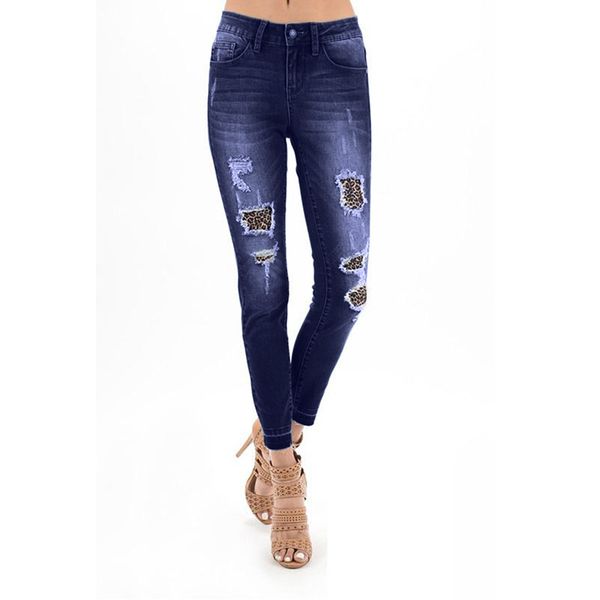 

2019 elastic women patchwork pencil pants leopard casual denim skinny ripped jeans bandage pants mid waist trousers hole jean 20, Blue