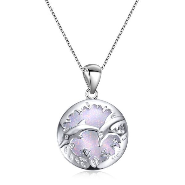 

romantic blue love double dolphin fire opal pendant necklace for women accessories female chain valentine's day gift, Silver