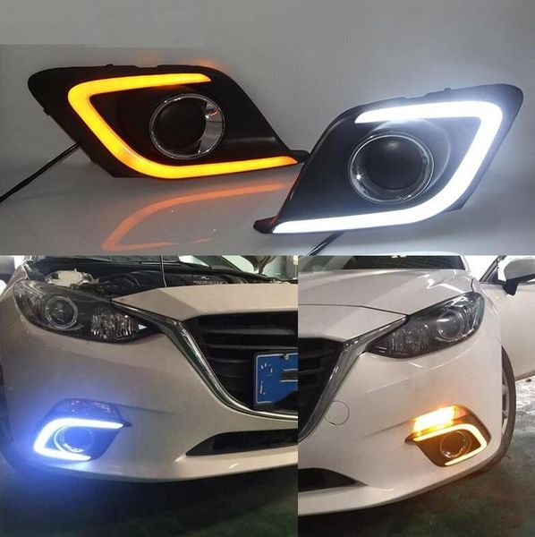 

1pair drl for mazda 3 mazda3 axela 2014 2015 2016 daytime running lights fog lamp cover with yellow signal daylight