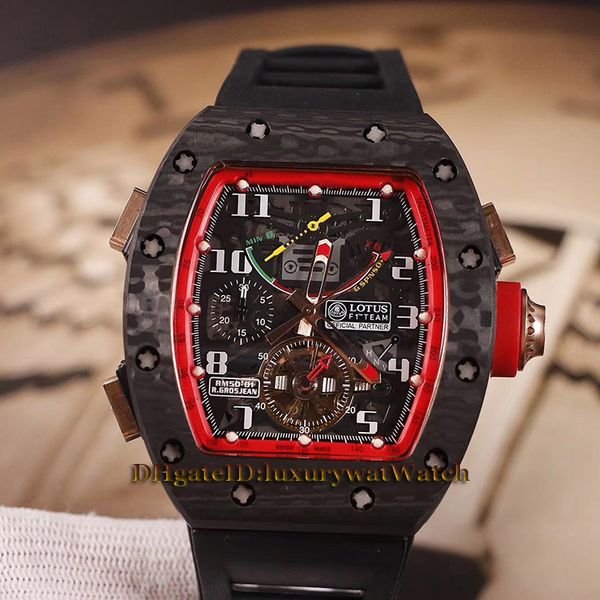 

High ver ionm new rm 50 01 lotu f1 team tourbillon dial carbon fiber ca e rm50 01 automatic men watch black rubber trap watche 6 color
