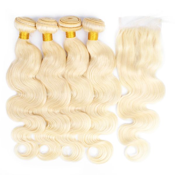 Kisshair Körperwelle 4 Bundles mit Verschluss 4x4 Farbe 613 Blonde Echthaarwebart Brasilianisches reines Remy Haarverlängerungen