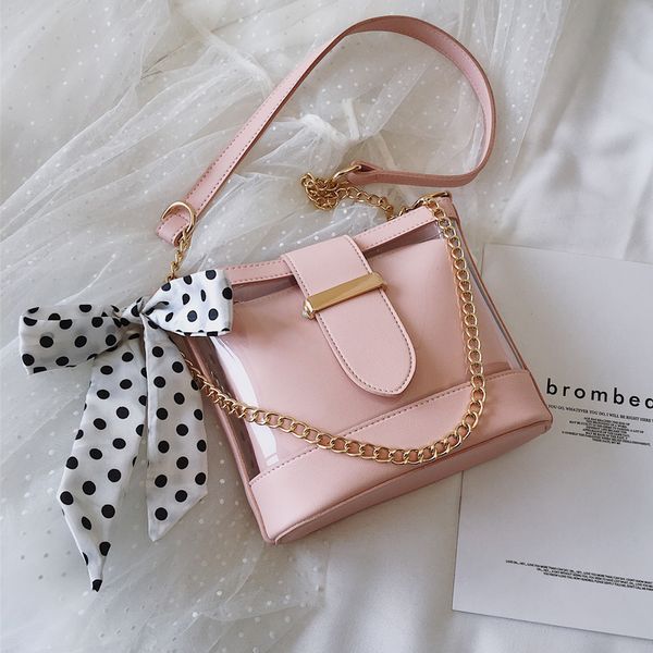 

2019 summer fashion new transparent jelly bucket bag quality pvc women's designer handbag ribbon chain shoulder messenger bag
