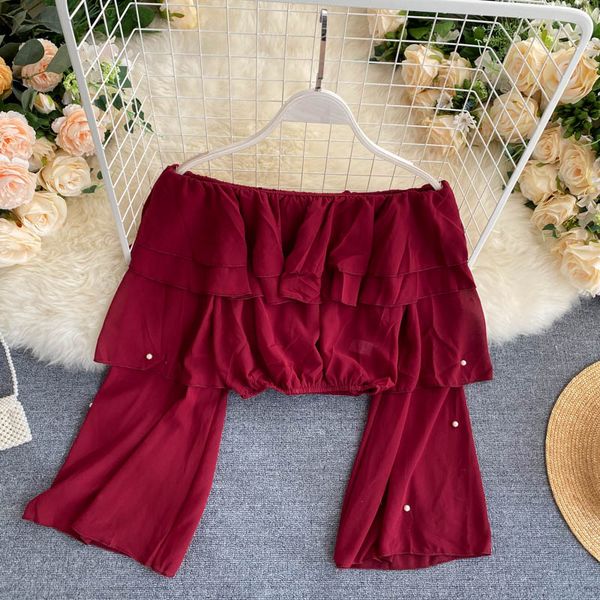 

slash neck chiffon beaded flare sleeve blouse short design casual chiffon shirt, White