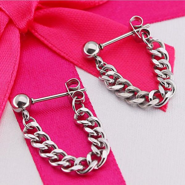 

hip hop stainless steel stud with tassel link chain dangle earrings, Golden