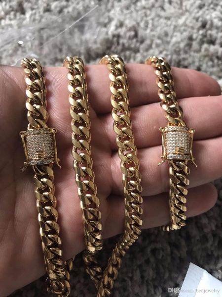 

10мм mens кубинский майами link ожерелье из нержавеющей стали rhinestone застежка iced out золото серебро хип-хоп цепи ожерелье, Silver