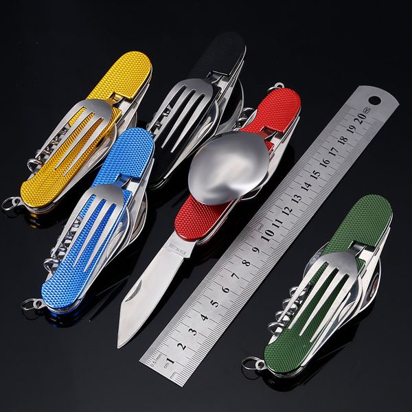 

6 in1 multifunction outdoor tableware camping stainless steel folding kits for hiking survival travel camping cutlery
