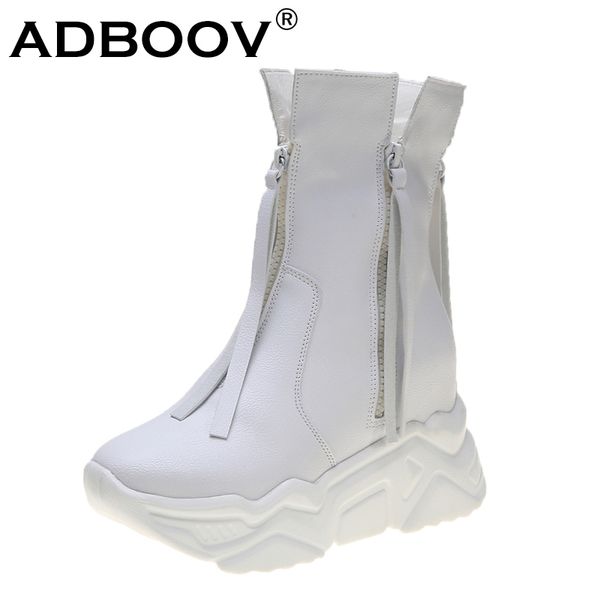 

adboov pu leather zips fashion boots women short plush platform chunky boots female height increasing 8 cm winter shoes, Black