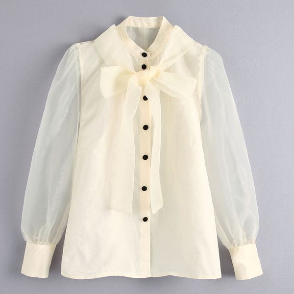 

fandy lokar bow v neck blouses women fashion single breasted shirts women elegant transparent long sleeve female ladies jc, White