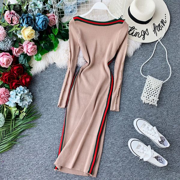 

yornmona женщины осень bodycon платье 2019 элегантный вязаная с длинным рукавом midi платье europe fashion ladies делопроизводство платье ve, Black;pink