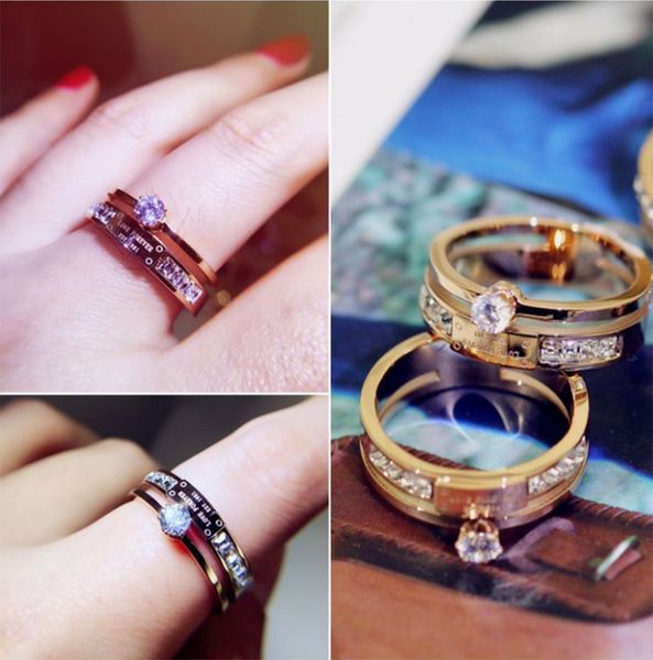 

women's fashion titanium steel engagement letter ring designer couple rhinestone zircon stainless steel wedding ring gift, Silver