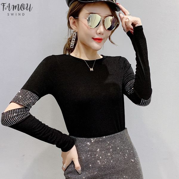 

европейская одежда блестящий sexy выдалбливают diamonds тенниска женщин 2020 новая осень зима ropa mujer основывая рубашки тройников t9n805, White