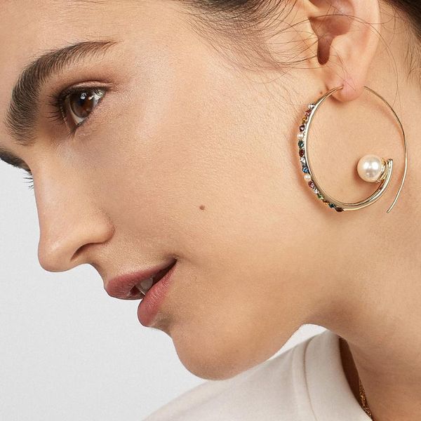 

hoop & huggie ba latest gold color big open circle earrings for women crystals pearl hoops minimalist round bijoux, Golden;silver
