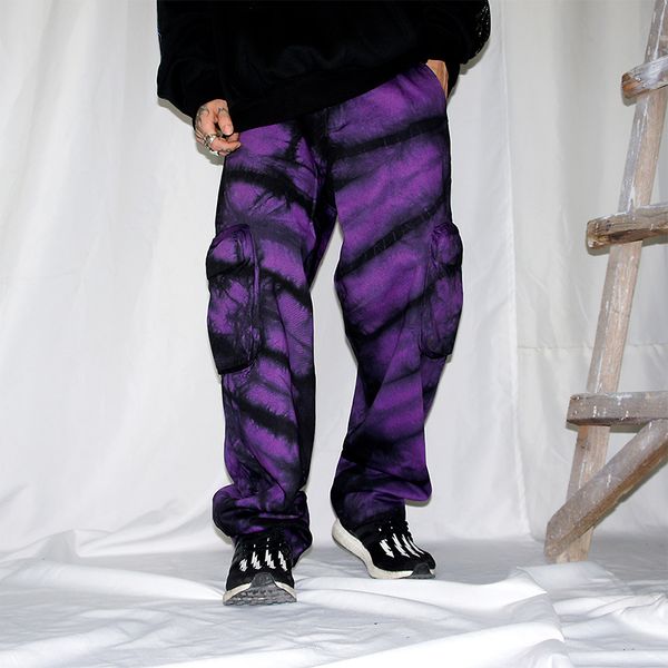 

women man streetwear harajuku tie dye graffiti contrast print cargo pocket loose baggy pant hip hop punk denim trouser oversized, Black;white