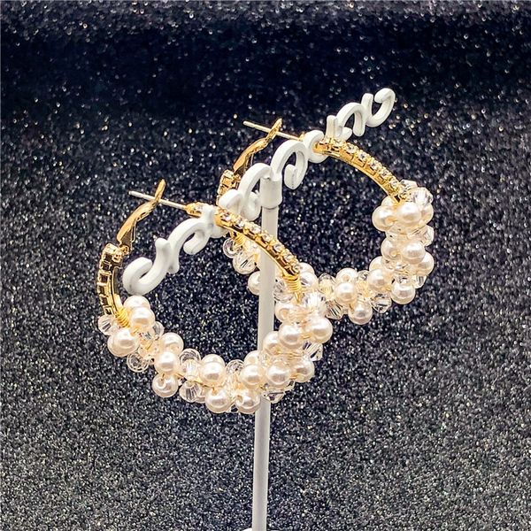 

sexemara fashion trendy jewelry handmade bead white imitation pearl crystal gold hoop earrings wedding party gift for women, Golden;silver