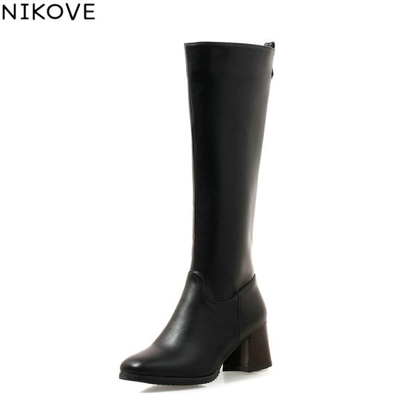 

nikove 2019 women winter boots shoes zip knee high boots pu leather square high heels square toe autumn shoes woman size 34-43, Black