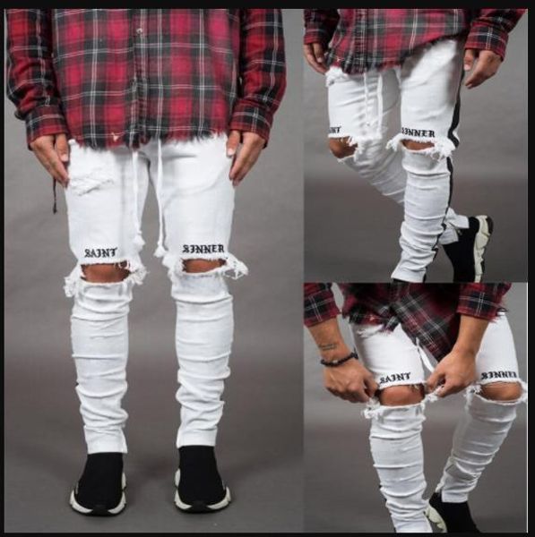 

letter mens designer jeans holes street black skinny white stripes jeans hiphop skateboard pencil pants, Blue