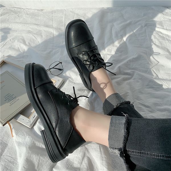 

women oxfords new vintage pu lace up flat oxfords for women ladies casual flat oxford shoes carved brogue, Black